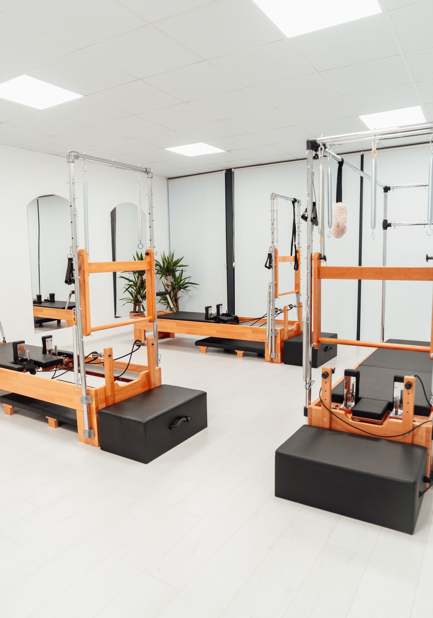 Aydınlık bir stüdyoda pilates reformer aletleri