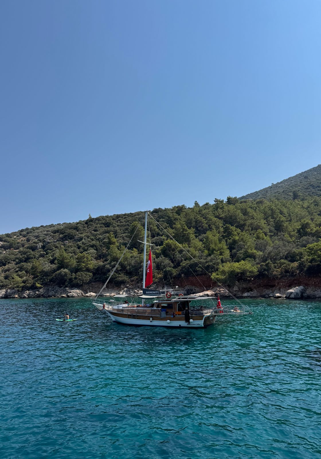 Ormanlık bir koyda demirli bir gulet
